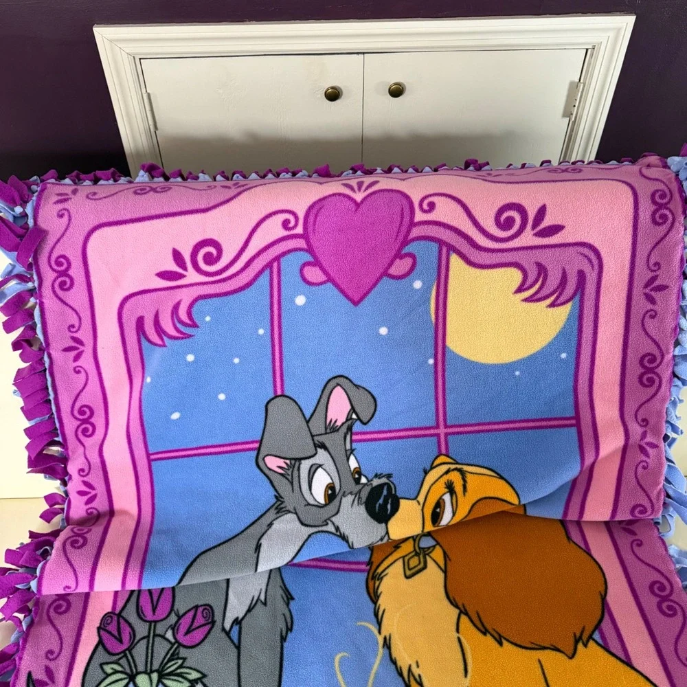 Vintage Disney Lady and the Tramp Blanket Fleece Fringe Purple Pink‎ 37 x 50.5